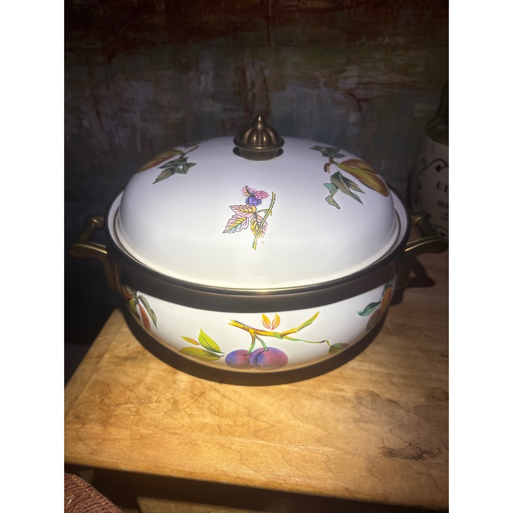 Tabletops Unlimited Fruit Enamelware Dutch Oven Lidded Casserole Pot Brass Handl